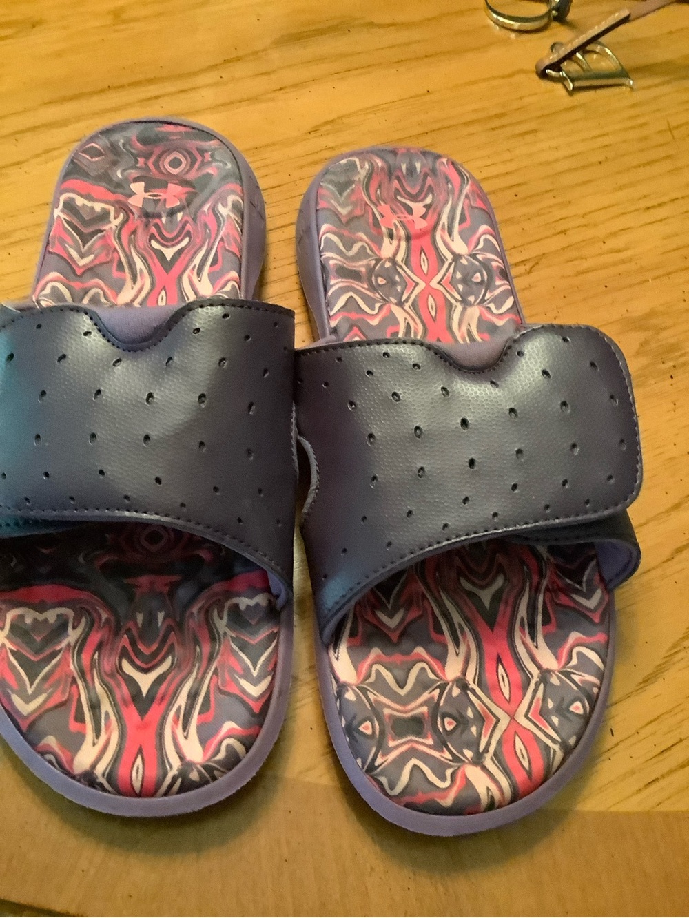 Under Armour Purple Slide Sandals with Pink & Gray Patterned Footbed 9M